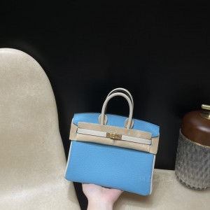 hermes birkin 25cm 铂金包 togo皮 p3北方蓝拼10奶昔白 金扣(爱马仕铂金包奶昔白)