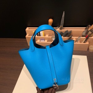 hermes picotin Lock 18cm 菜篮子 TC Clemence皮 0F弗里达蓝 银扣(hermes菜篮子详细尺寸)