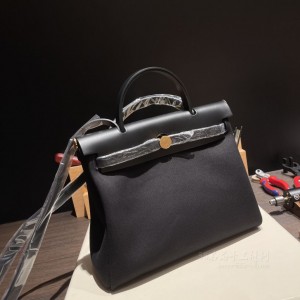 hermes herbag 31cm 帆布包 外缝 89黑色 金扣(hermes帆布包价格)