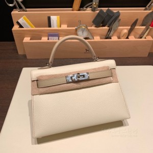 hermes mini kelly 19cm 二代 epsom皮 10奶昔白拼S2风衣灰 银扣