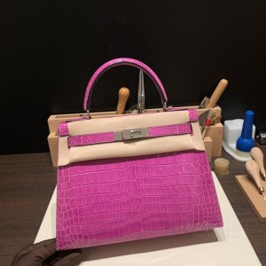 hermes kelly 28cm 凯莉包 尼罗鳄鱼皮nilo crocodile shiny亮面 9I玉兰粉 银扣(凯莉包鳄鱼纹)