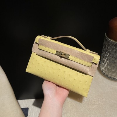 hermes mini kelly Pochette 21cm 一代 南非KK鸵鸟皮ostrich 1Z小鸡黄 金扣(爱马仕鸵鸟皮birkin 30) 细节图