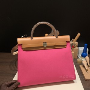 hermes herbag 31cm 帆布包 外缝 玉兰粉拼啡色(爱马仕herbag帆布面料)