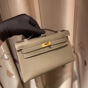 hermes mini kelly Pochette 21cm 一代 epsom皮 18大象灰Etoupe 金扣(爱马仕大象灰金扣好看还是银扣好看) 细节图