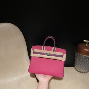 hermes birkin 25cm 铂金包 togo皮 E5玫红拼P9海葵紫 银扣(爱马仕铂金包玫红色)