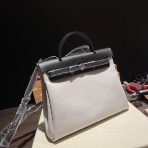 hermes herbag 31cm 帆布包 内缝 米白格拼89黑色(hermes帆布袋)