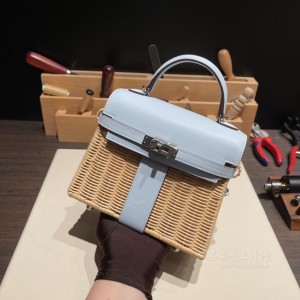 hermes kelly Picnic 野餐包 swift皮编藤条 野餐包T0雾霾蓝 银扣(爱马仕野餐包) 图片