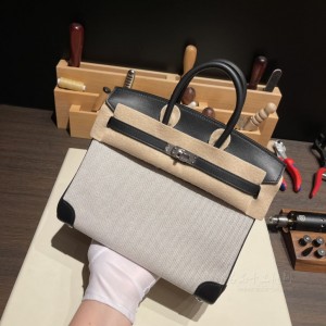 hermes birkin 25cm 铂金包 swift皮拼帆布 89黑色 银扣(hermes铂金包价格)