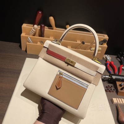 hermes kelly Colormatic 25cm <strong>Swift</strong>皮 限定六拼色 Natai2奶油白 金扣(爱马仕26奶油白金扣) 上身图