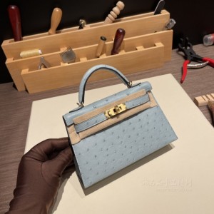 hermes mini kelly 19cm 二代 南非KK鸵鸟皮ostrich J7亚麻蓝 金扣(爱马仕鸵鸟皮kelly宝石蓝什么价)