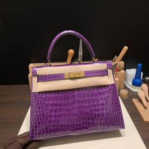 hermes kelly 28cm 凯莉包 porosus湾鳄鱼皮 shiny亮面 紫罗兰 金扣(爱马仕kelly鳄鱼包)