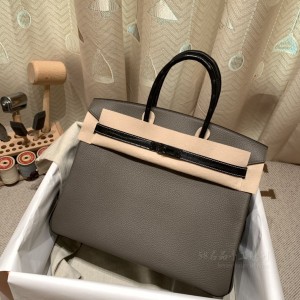 hermes birkin togo皮拼鳄鱼 special order 35cm 8F锡器灰拼89黑色 枪扣(鳄鱼皮爱马仕birkin)