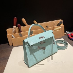 hermes mini kelly 19cm 二代 山羊皮Chevre 79湖水蓝Aqua 银扣