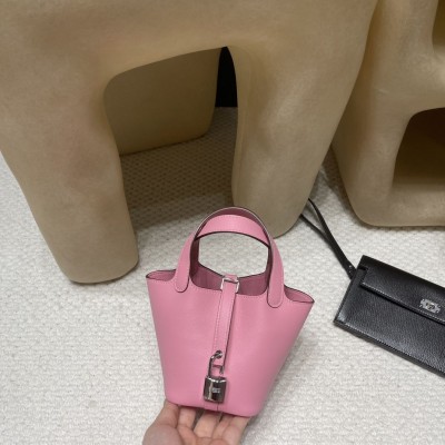 hermes picotin micro 菜篮子 swift皮 5P樱花粉 银扣(hermes菜篮子22价格)