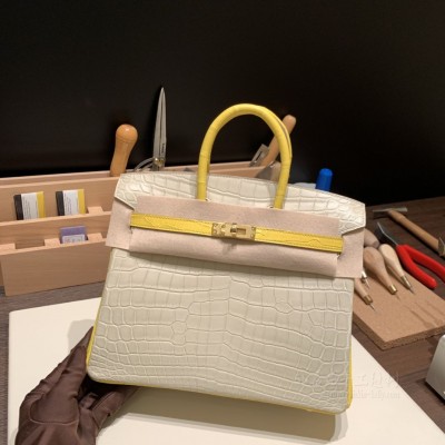 hermes birkin 25cm 铂金包 尼罗鳄鱼皮nilo crocodile Matte雾面 80珍珠灰拼M9金盏花黄 金扣
