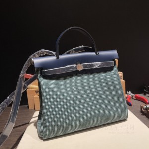 hermes herbag 31cm 帆布包 内缝 千鸟格 绿色(爱马仕帆布包aline)