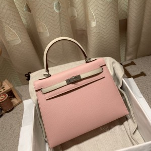 hermes kelly 25cm 凯莉包 epsom皮 拼色 3Q粉拼10奶昔白 银扣(爱马仕凯莉包二代mini凯莉包)