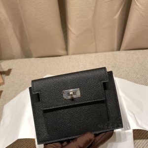 hermes kelly pocket 凯莉卡包 epsom皮 89黑色 银扣(爱马仕凯莉包用的什么皮) 细节图