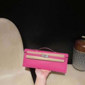 hermes kelly cut 31cm 凯莉手包晚妆包 swift皮 E5 玫红 银扣(凯莉包 爱马仕 价格) 高仿