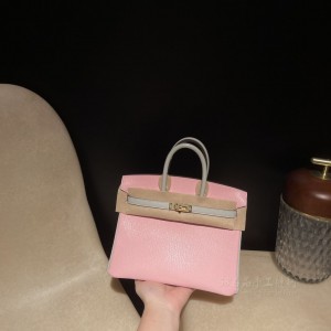 hermes birkin 25cm 铂金包 山羊皮Chevre 80珍珠灰拼3Q粉 金扣(爱马仕漆皮铂金包)