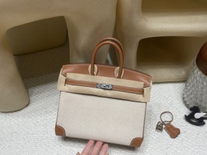 hermes birkin 25cm 铂金包 swift皮拼帆布 37金棕