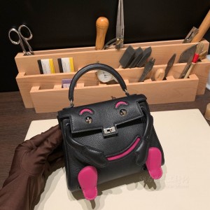 hermes kelly doll 千禧娃娃包 swift皮 89黑色拼L3玫瑰紫 银扣(爱马仕娃娃)