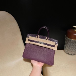 hermes birkin Touch 25cm togo皮拼美洲鳄鱼 N5 加仑紫(爱马仕红色鳄鱼皮钻石birkin)