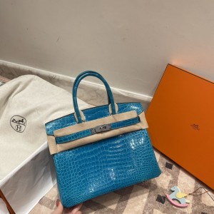 hermes birkin 25cm 铂金包 尼罗鳄鱼皮nilo crocodile shiny亮面 蓝色银扣(爱马仕birkin25鳄鱼皮)