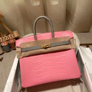 hermes birkin 25cm 铂金包 Alligator美洲鳄鱼皮 5p樱花粉拼80珍珠灰 金扣(爱马仕铂金包鳄鱼)