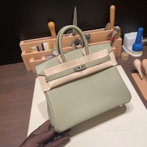 hermes birkin 25cm 铂金包 swift皮 Q1鼠尾草绿 银扣(hermes铂金包包)