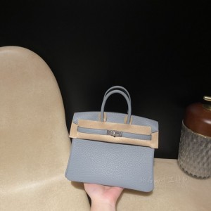 hermes birkin 25cm 铂金包 TC Clemence皮 J7亚麻蓝内拼D0威马犬银扣(hermes铂金包都有什么尺寸)