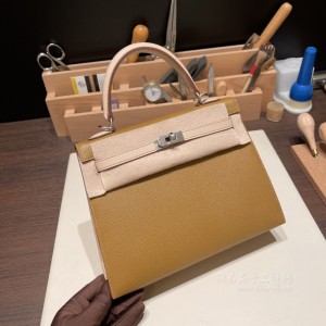 hermes kelly 25cm 凯莉包 epsom皮 拼色 青铜色拼蔷薇粉 拉丝银扣