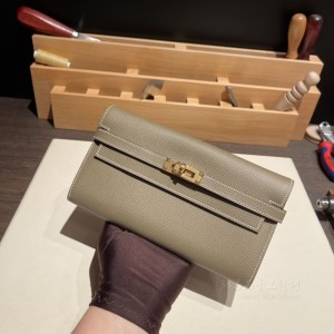 hermes kelly wallet 凯莉长款钱包 epsom皮 18大象灰 金扣(爱马仕大象灰凯莉包25寸 专柜售价多少) 细节图