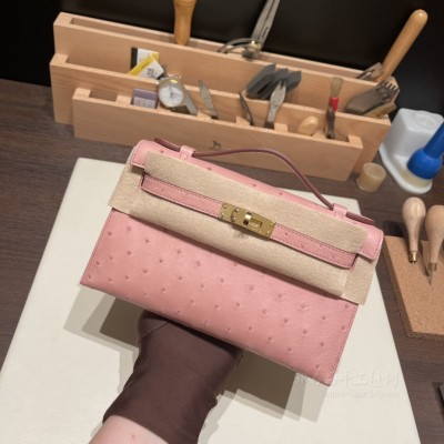 hermes mini kelly Pochette 21cm 一代 南非KK鸵鸟皮ostrich 94陶瓷粉 金扣(爱马仕minikelly鸵鸟皮) 官网