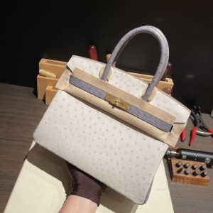 hermes birkin 30cm 铂金包 南非KK鸵鸟皮ostrich 8L冰川白拼82 玛瑙蓝 金扣(爱马仕铂金鸵鸟皮包)