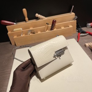 hermes verrou mini 17cm 插销手枪包 chever山羊拼Alligator美洲鳄鱼皮 8L冰川白Natai2奶油白银扣