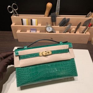 hermes mini kelly Pochette 21cm 一代 Alligator美洲鳄鱼皮 6Q翡翠绿 金扣 高仿