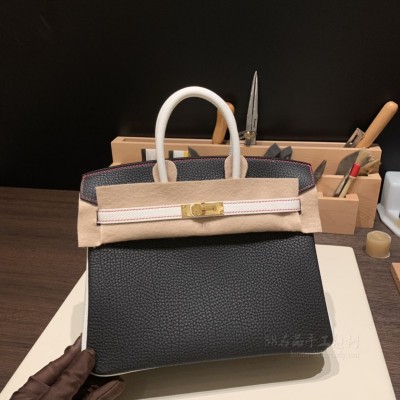 hermes birkin 25cm 铂金包 <strong>togo</strong>皮 89黑色拼01纯白红线 金扣(hermes铂金包包)