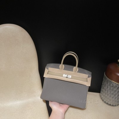 hermes birkin 25cm 铂金包 <strong>togo</strong>皮 8F锡器灰拼S2风衣灰拉丝银扣(爱马仕铂金包皮料)