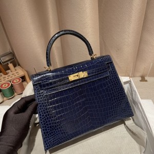 hermes kelly 28cm 凯莉包 porosus湾鳄鱼皮 shiny亮面 73宝石蓝 金扣