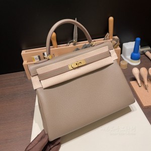 hermes kelly 32cm 凯莉包 togo皮 内缝 Etoupe18大象灰内拼8W唇膏粉 金扣(爱马仕凯莉包大象灰28价格)