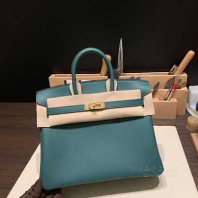hermes birkin 25cm 铂金包 <strong>togo</strong>皮 Z6孔雀绿 金扣(爱马仕铂金包金扣好还是银扣好)