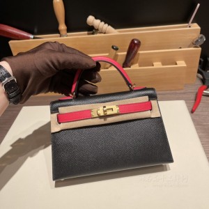 hermes mini kelly 19cm 二代 epsom皮 89黑色拼I6极致粉 金扣(hermes verrou mini)