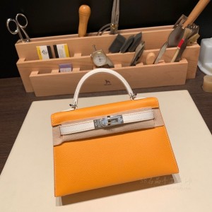 hermes mini kelly 19cm 二代 epsom皮 9V太阳黄01纯白 银扣