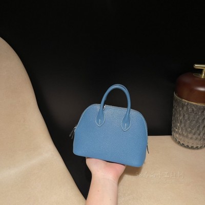 hermes bolide mini 18cm 保龄球 山羊皮Chevre 75牛仔蓝银扣(爱马仕 羊皮)