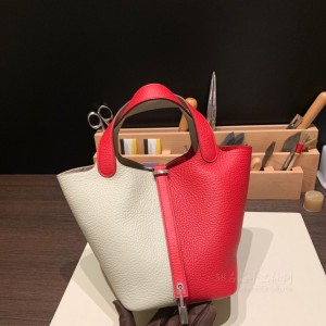 hermes picotin Lock 18cm 菜篮子 80珍珠灰拼Q5中国红 银扣(hermes菜篮子多少钱)