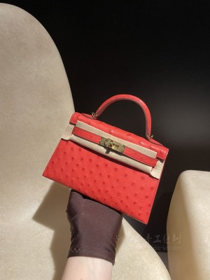 hermes mini kelly 19cm 二代 南非KK鸵鸟皮ostrich S3心红 金扣(爱马仕kelly鸵鸟皮包包报价)