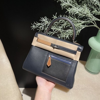 hermes kelly Colormatic 25cm <strong>Swift</strong>皮 限定六拼色 2Z午夜蓝 银扣(爱马仕kelly蓝色包) 细节图