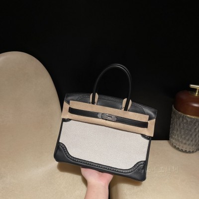 hermes birkin Ghillies 30cm swift皮拼帆布 限量款双拼蕾丝 89黑色 银扣
