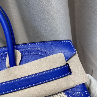 hermes birkin 35cm 铂金包 <strong>Swift</strong>皮拼帆布 蕾丝 7T电光蓝 银扣(爱马仕铂金包box皮)